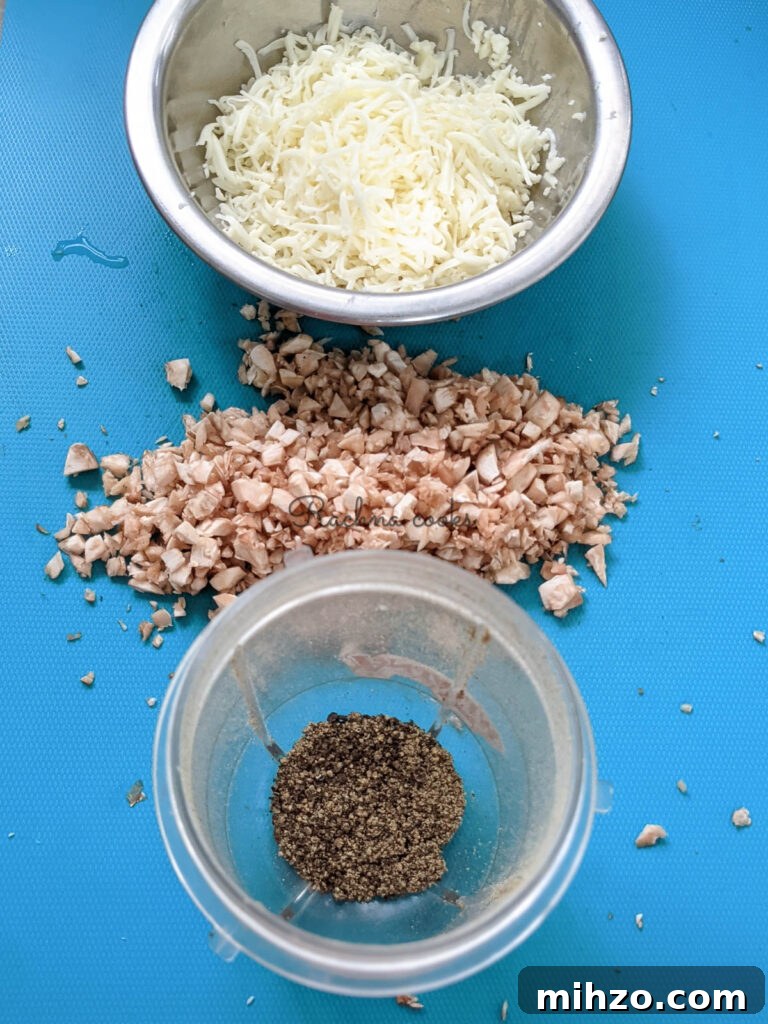 Pepper in a transparent jar, chopped mushroom stumps and grated cheese in a bowl