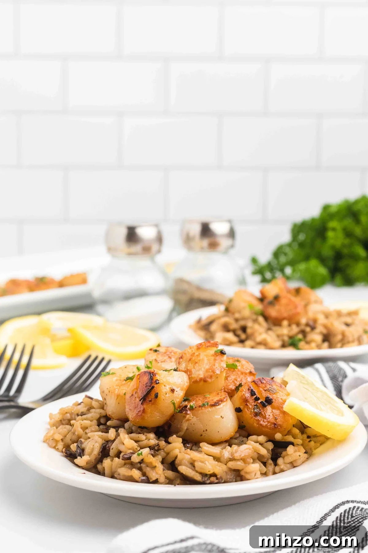 pan seared scallops on white plate with brown rice and lemon slice