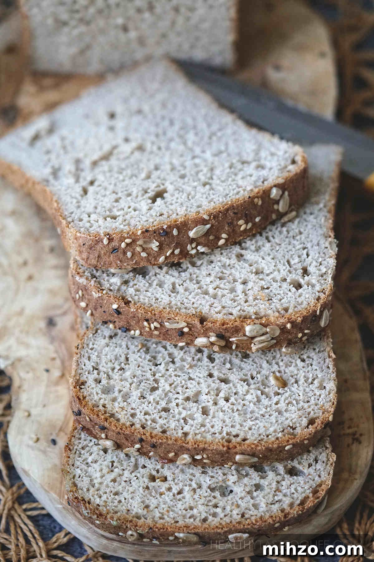 Soft Gluten-Free, Dairy-Free Buckwheat Bread Recipe 3 Sliced buckwheat bread showing the perfect structure inside (not gommy and not dry).