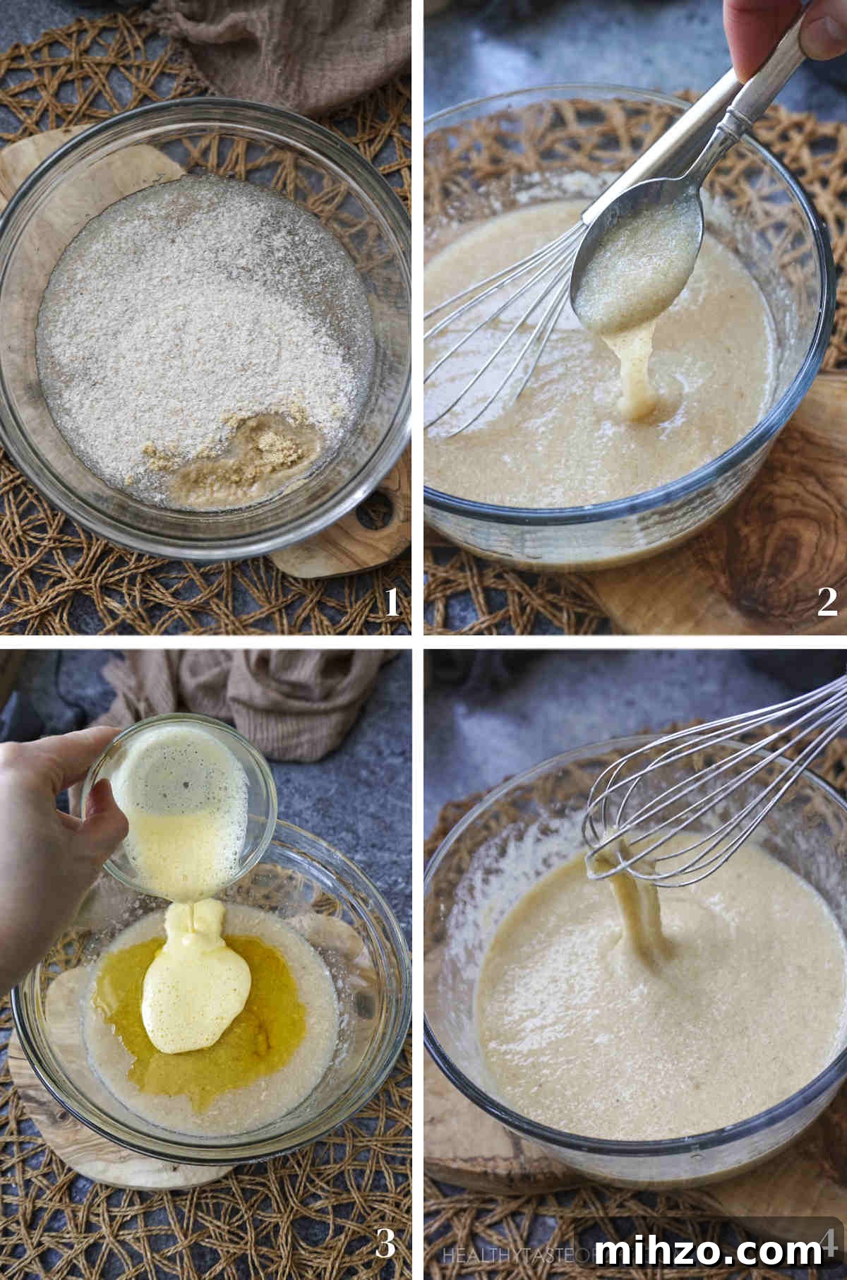 Soft Gluten-Free, Dairy-Free Buckwheat Bread Recipe 5 Process shots showing how to combine all wet ingredients with psyllium husk and ground flax seeds to get a gel like consistency for the dough.