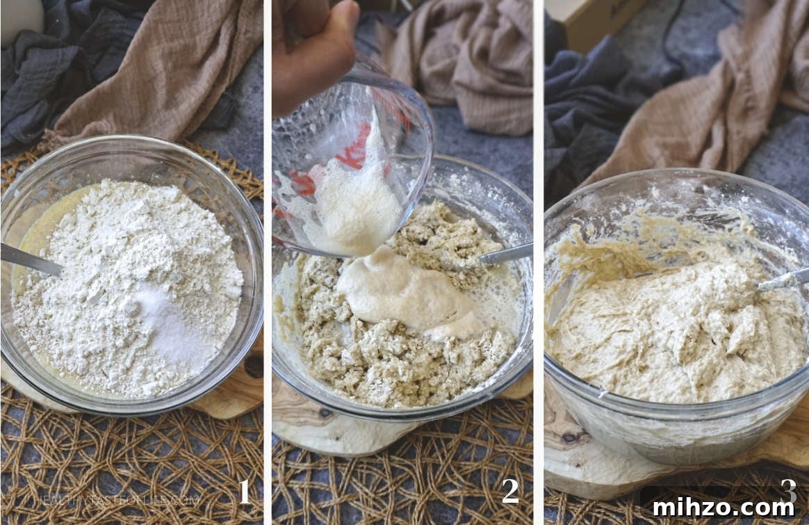 Soft Gluten-Free, Dairy-Free Buckwheat Bread Recipe 6 Process shots showing the steps of mixing dry ingredients to form the buckwheat bread dough - thick sticky spreadable gluten-free