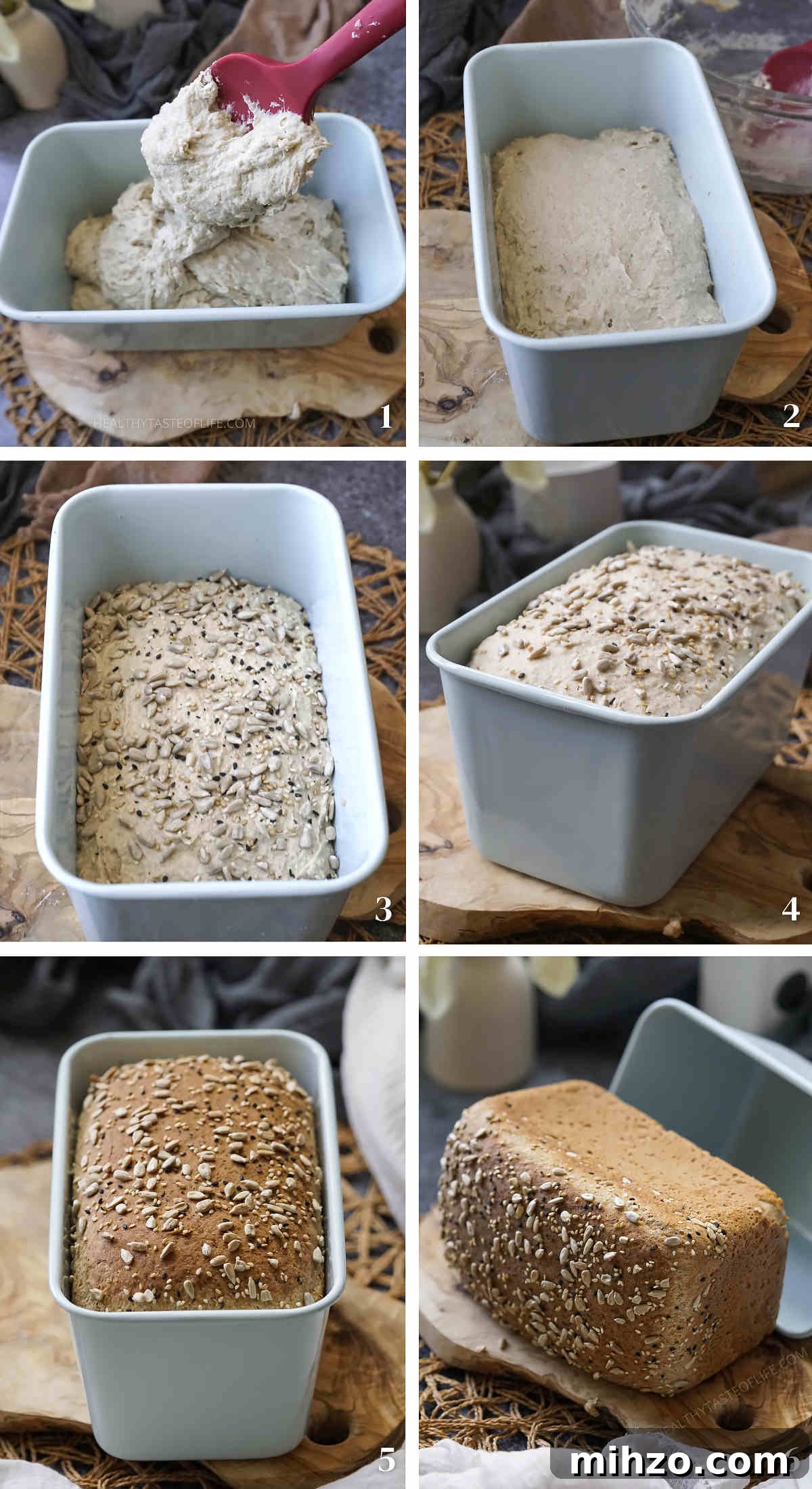 Soft Gluten-Free, Dairy-Free Buckwheat Bread Recipe 7 Process shots showing how the dough looks when ready, proofing and a loaf risen in pan before baking and after.