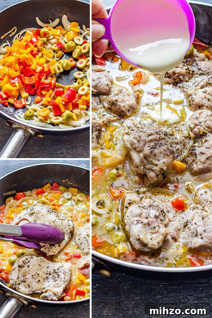 Creamy Garlic Boneless Skinless Chicken Thighs Recipe 5 Step-by-step collage showing peppers and olives in the pan, cream being added and chicken simmering in the sauce.