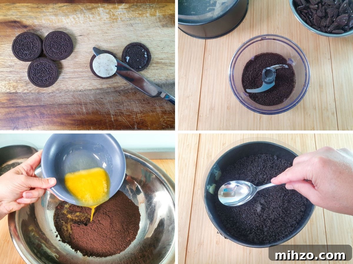 Process shots: removing filling from Oreos, blitzing Oreos into crumbs, adding melted butter to Oreo crumbs, pressing crumb mix into lined cheesecake tin.