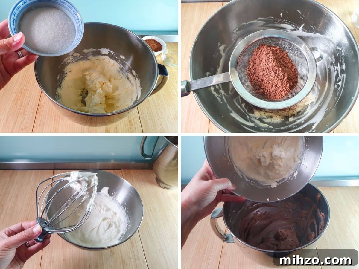 Process shots: adding sugar to softened cream cheese, sifting cocoa power into cream cheese, whipping cream, adding whipped cream to cream cheese mix.