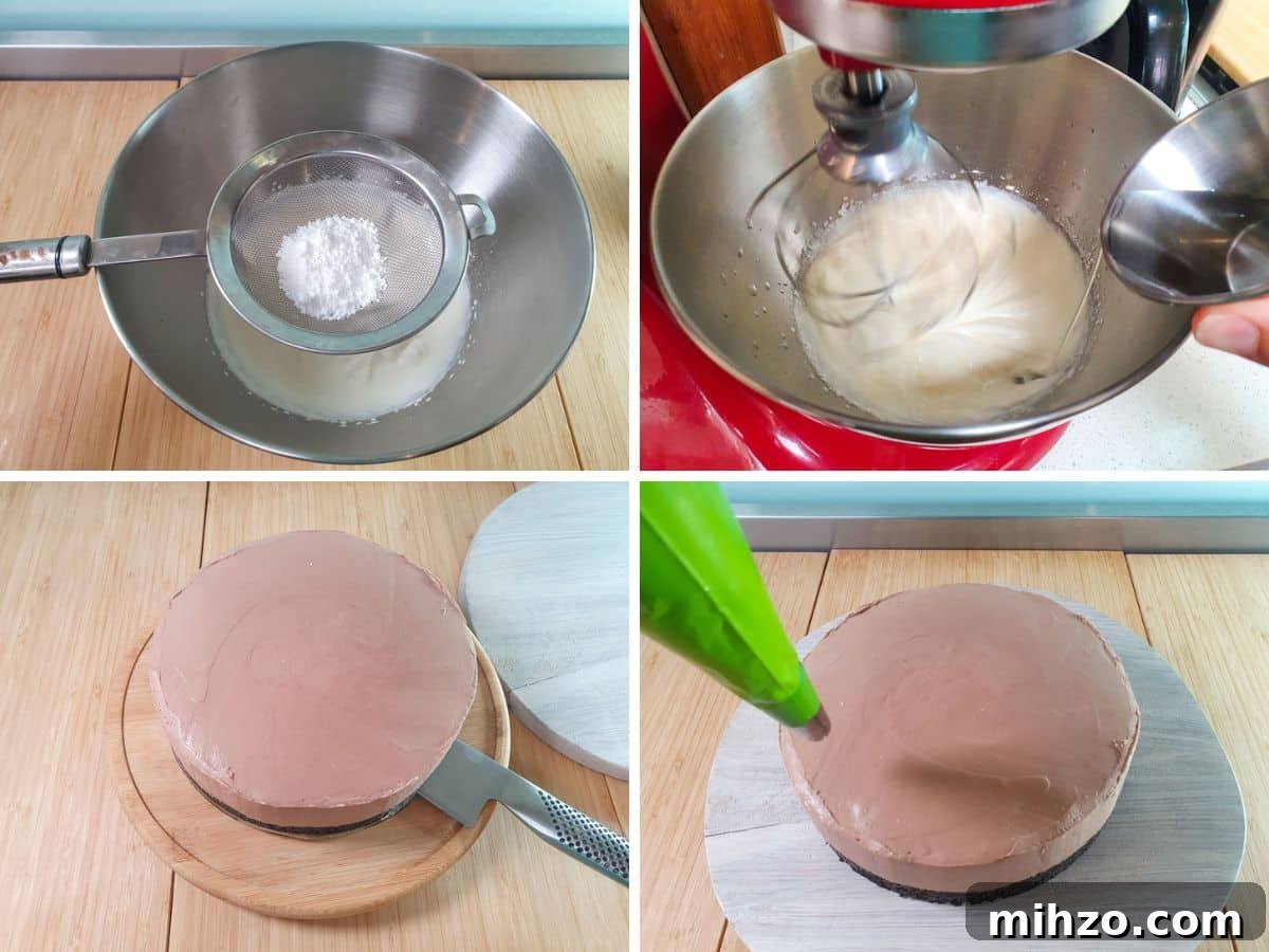 Process shots: sifting powdered sugar into semi-whipped cream, adding kirsch to whipping cream, putting cake onto serving board, piping whipped cream on top.