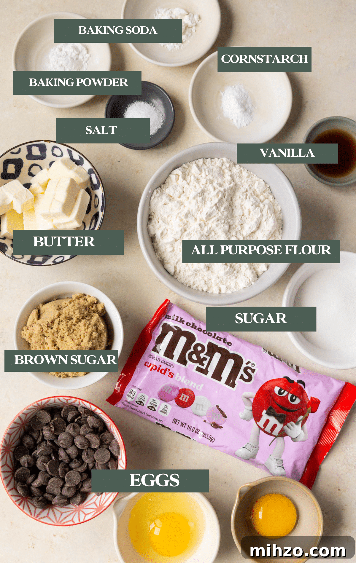 Valentine’s Day M&M Cookie Recipe: Festive Chocolate Cookies 4 Ingredients needed to make cookies in small glass bowls.