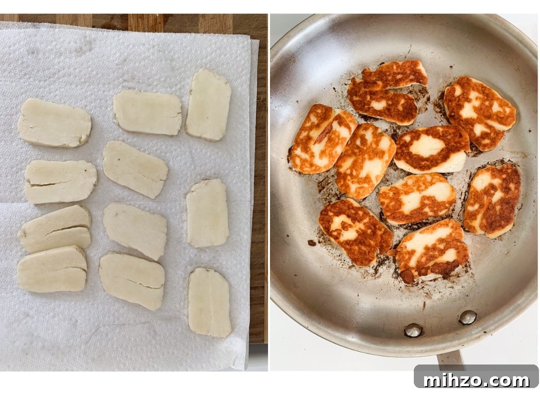 A photo collage of halloumi cheese drying on paper towel and halloumi cheese frying in a pan.