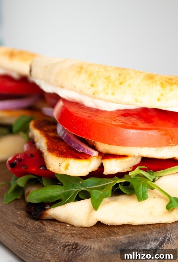 A side view of a halloumi sandwich on a cutting board.