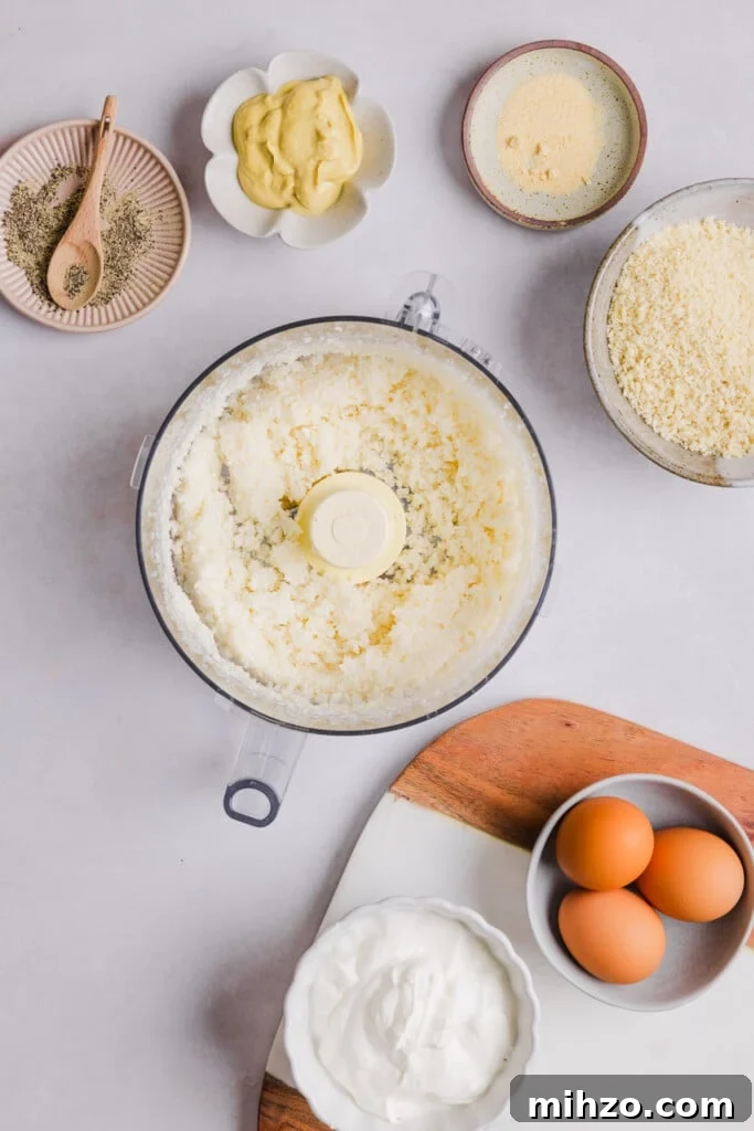 Cauliflower riced in a food processor.