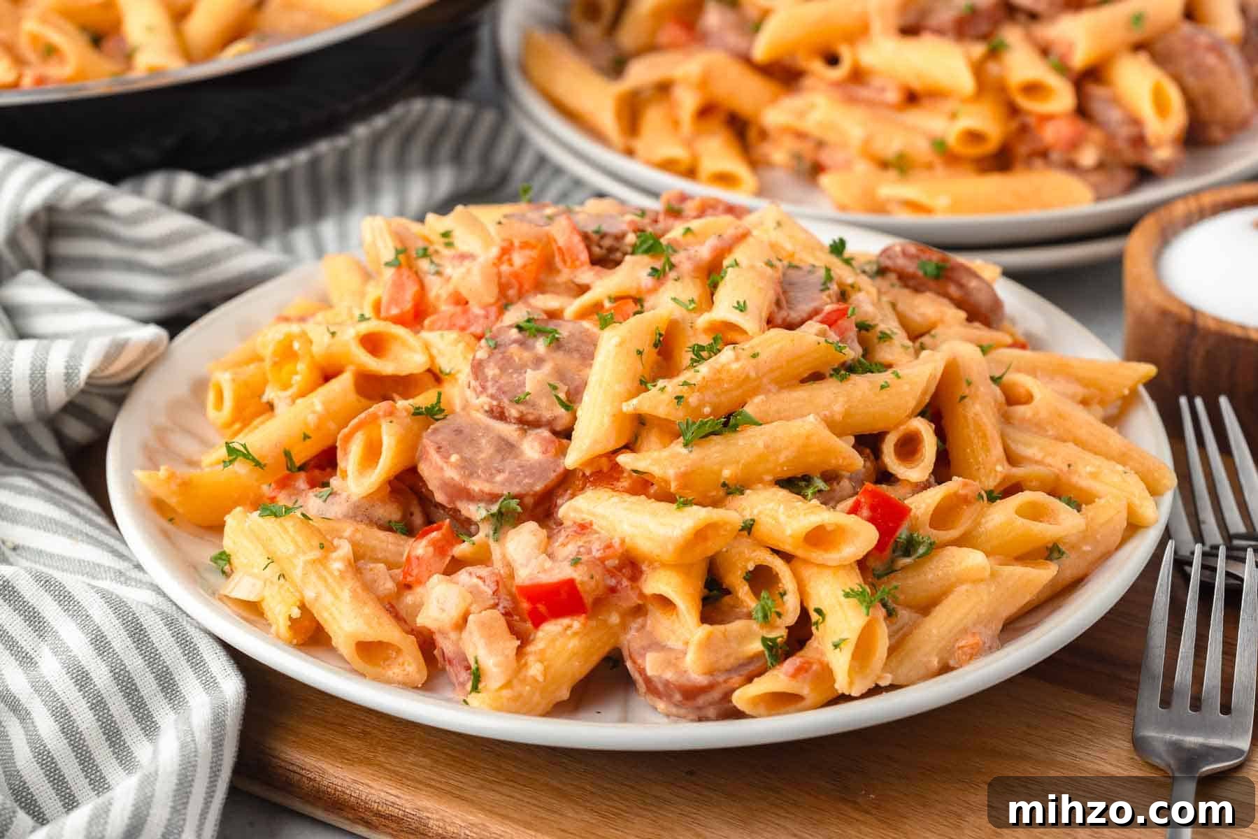 Creamy Kielbasa and Smoked Sausage Pasta Skillet Recipe 11 A plate of Kielbasa pasta with penne, diced pepper, sliced smoked sausage, parmesan, and a creamy sauce.