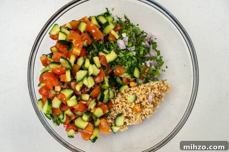 Armenian Tabbouleh Recipe: Parsley and Bulgur Salad 6 Adding the ingredients to a bowl