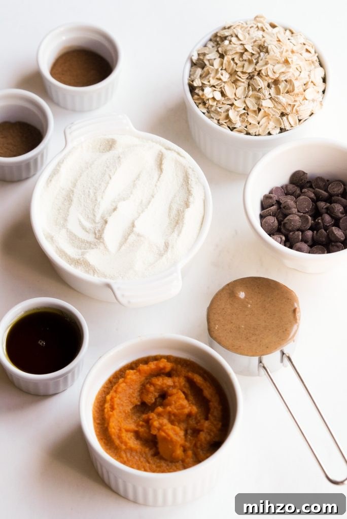 Pumpkin Spice Protein Bites — No-Bake Autumn Snack 4 pumpkin protein balls ingredients measured out on a white surface