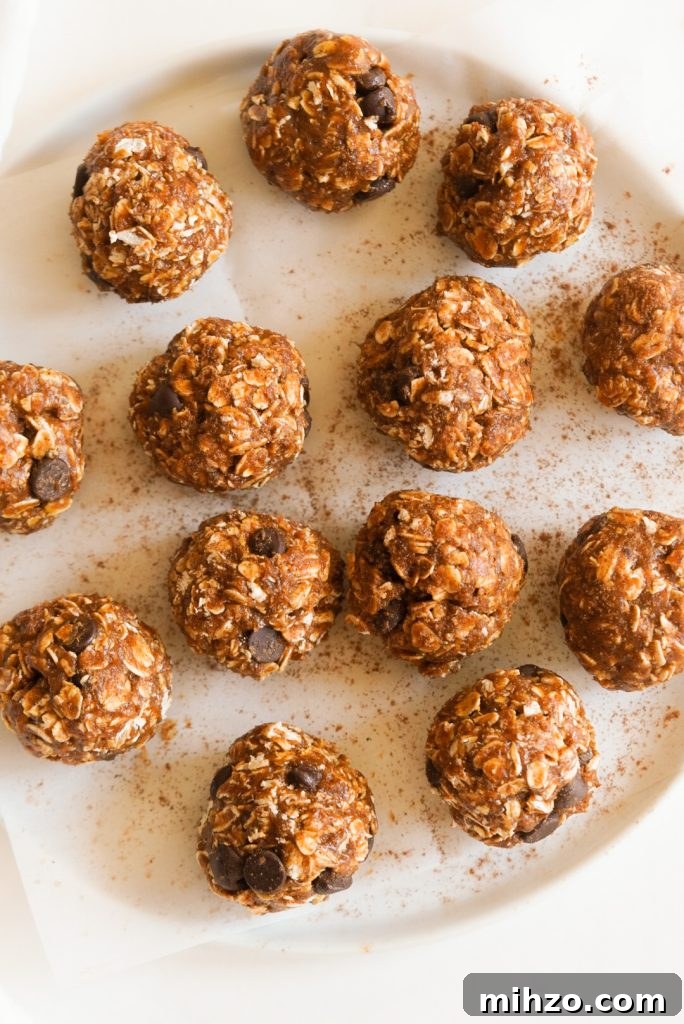 Pumpkin Spice Protein Bites — No-Bake Autumn Snack 8 white plate of energy bites topped with pumpkin spice