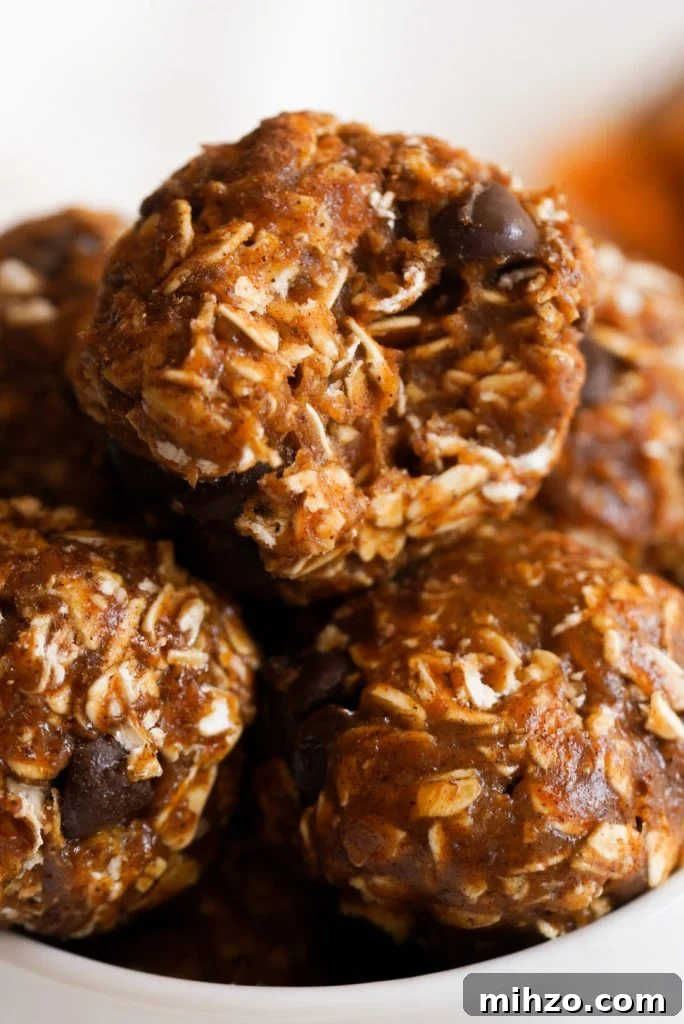 Pumpkin Spice Protein Bites — No-Bake Autumn Snack 9 close up shot of a bowl of pumpkin protein bites, one with a bite taken out