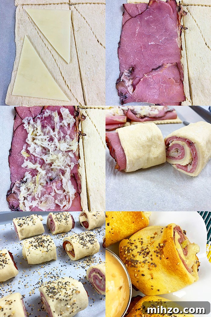 One-Pan Reuben Roll-Ups: Quick Stovetop Sandwich Bites 4 Collage Image With Step By Step Pictures on How to Make Roll Ups With Crescent Roll Dough