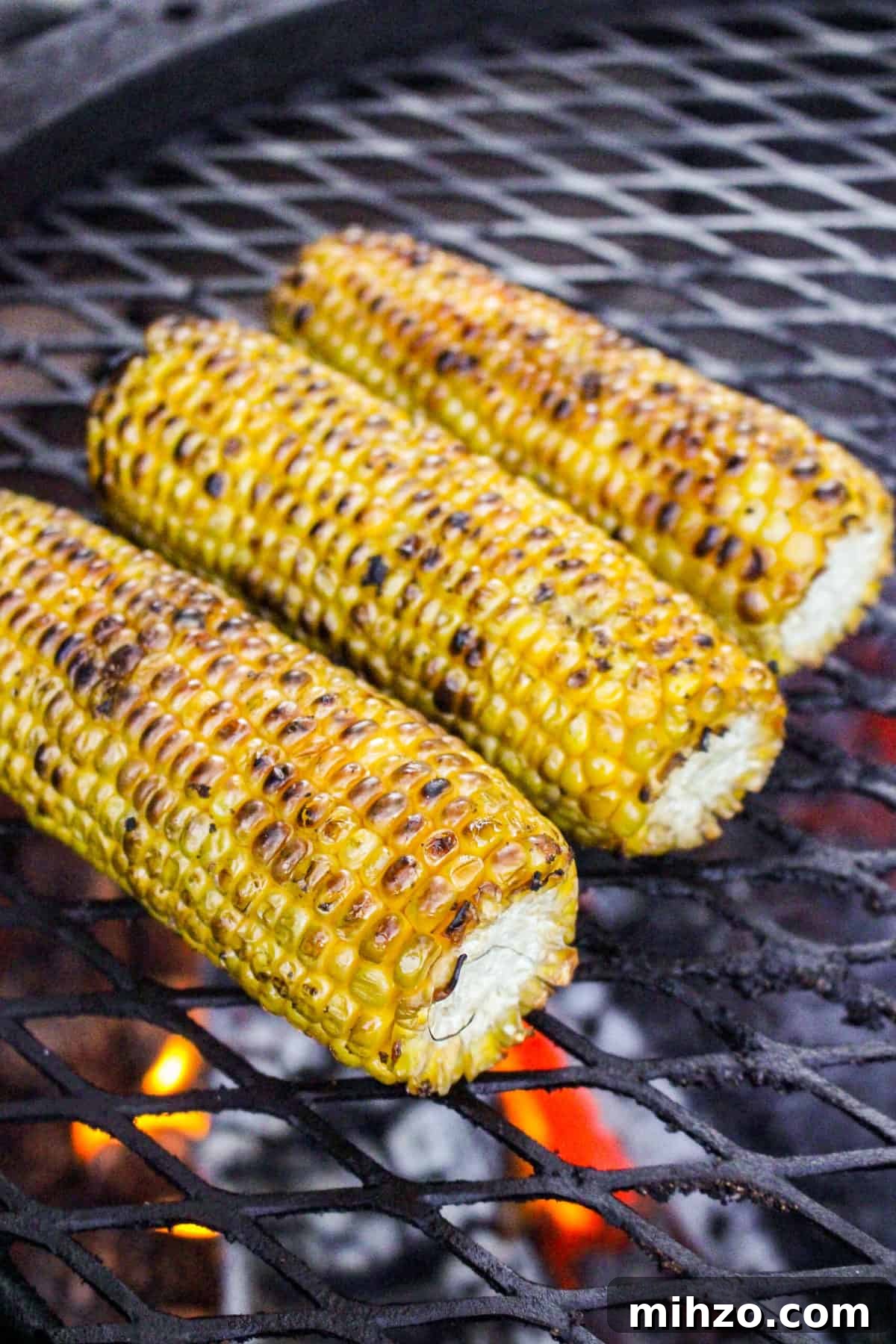 closeup of three charred cobs of corn