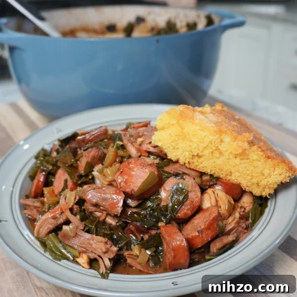 Smoked Pork Belly Lollipops Recipe — Sticky, Crispy Bites 13 Collard Greens Cajun Gumbo plated with a cornbread wedge and blue pot in the background.