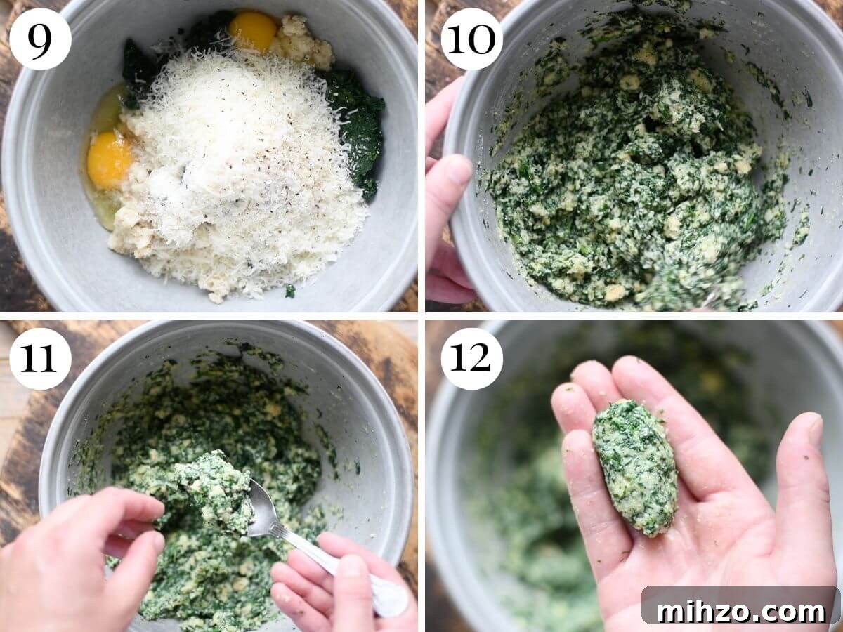 Four photos in a collage showing how to make Italian bread dumplings.