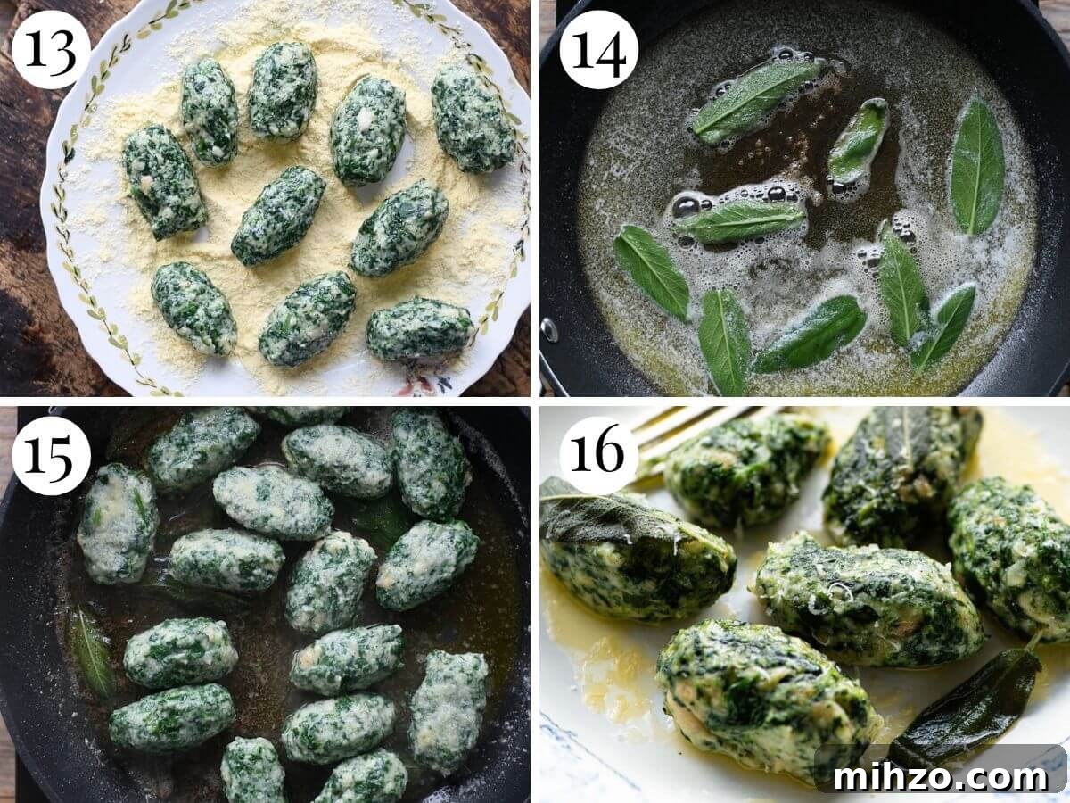 Four photos in a collage showing how to cook Strangolapreti (Italian bread dumplings).