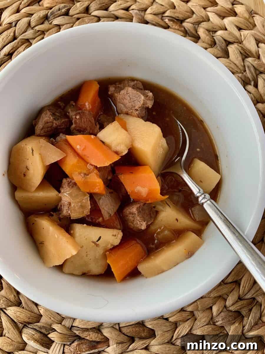 Classic Irish Beef Stew Recipe for Tender, Rich Flavor 2 Irish stew in a small bowl with a spoon.