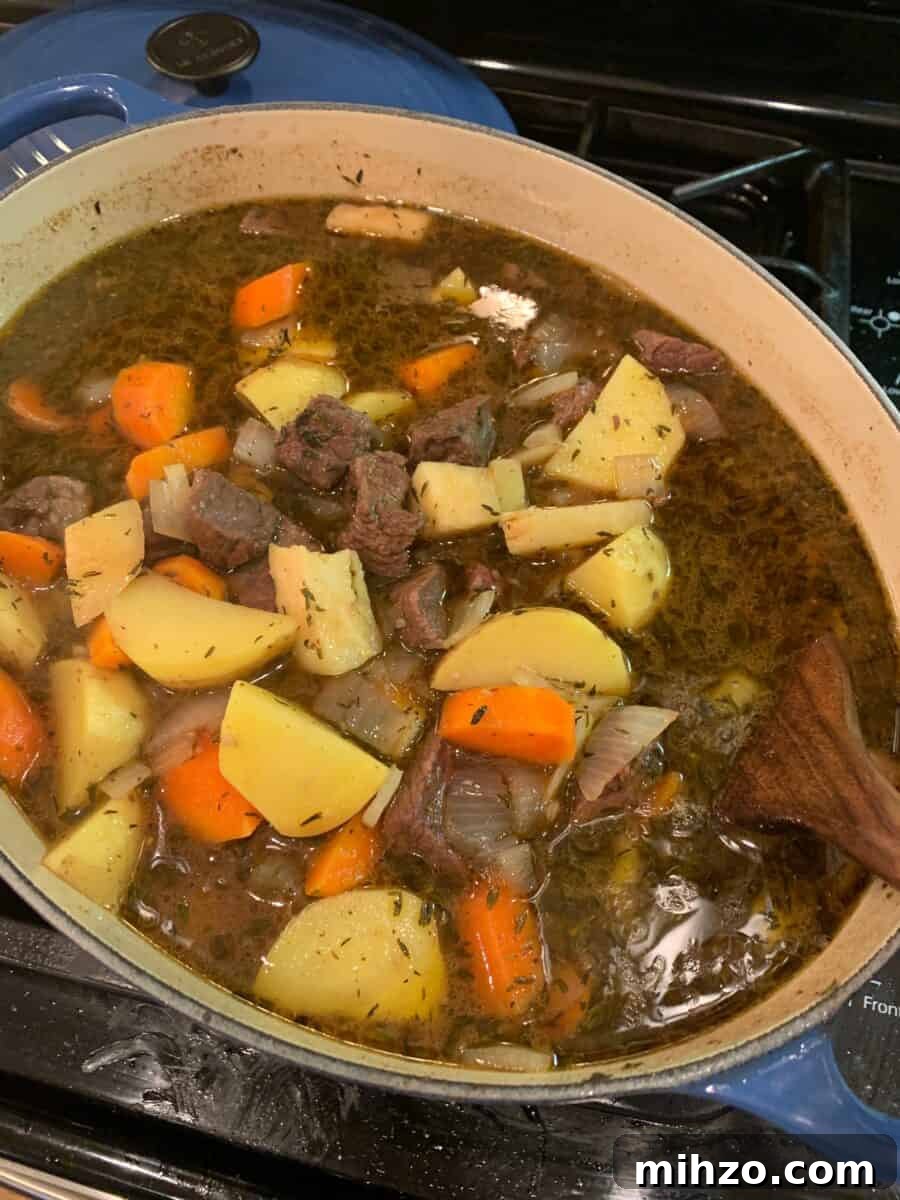 Classic Irish Beef Stew Recipe for Tender, Rich Flavor 8 St. Patrick's Day stew cooking on the stove.