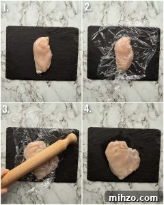 4 step by step photos showing how to pound chicken breast