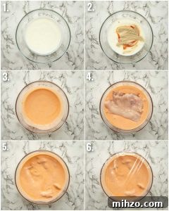 6 step by step photos showing how to marinate buffalo chicken