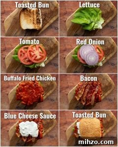 8 step by step photos showing buffalo chicken sandwich toppings
