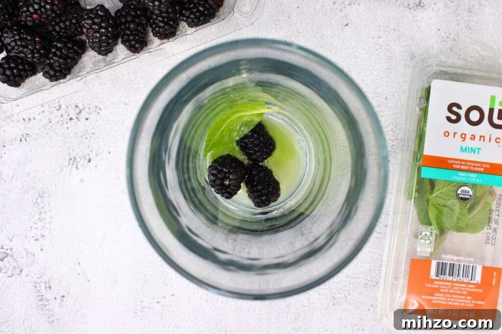 add fresh blackberries, lemon juice, and mint to a shaker