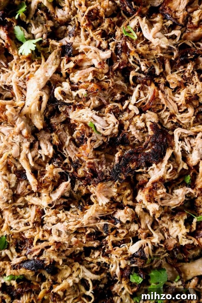 Cuban Pulled Pork Eggs Benedict with Tangy Mustard Cream Sauce 2 Close up shredded and fried slow cooker pork carnitas and fresh herbs.