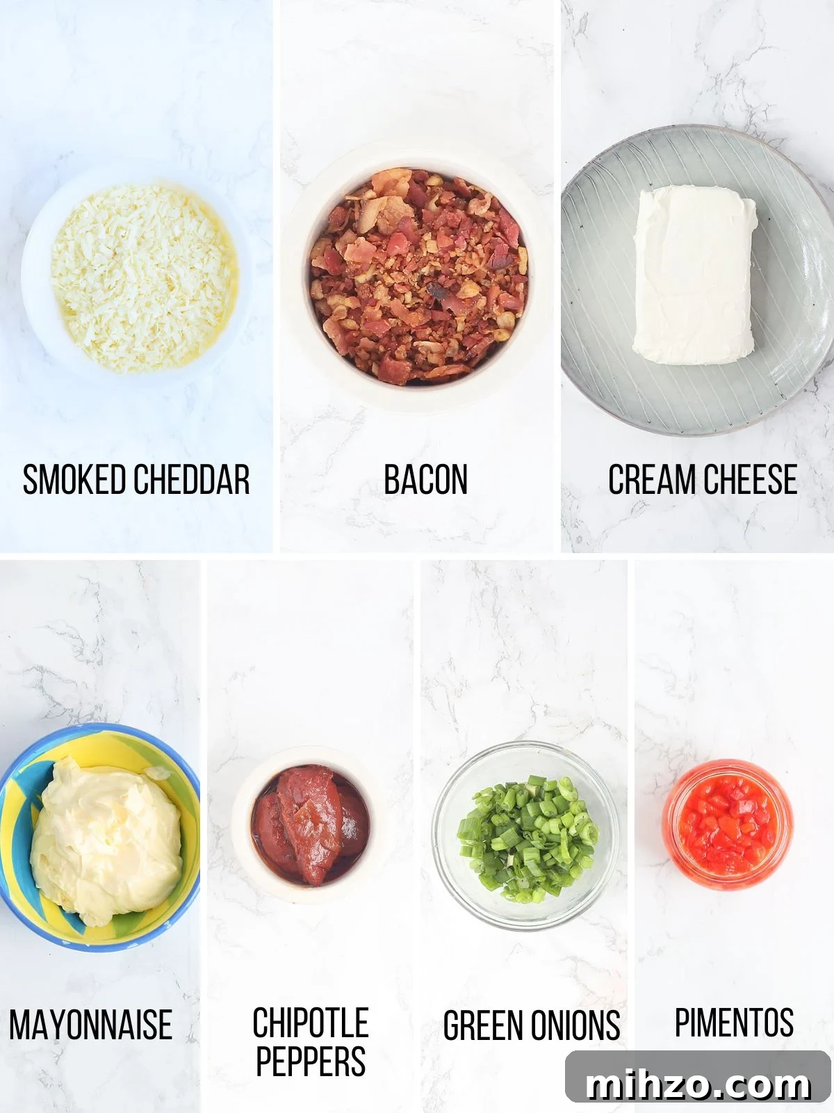 Smoky Chipotle Pimento Cheese Spread with a Spicy Kick 3 Collage of ingredients needed to make hot pimento cheese spread.