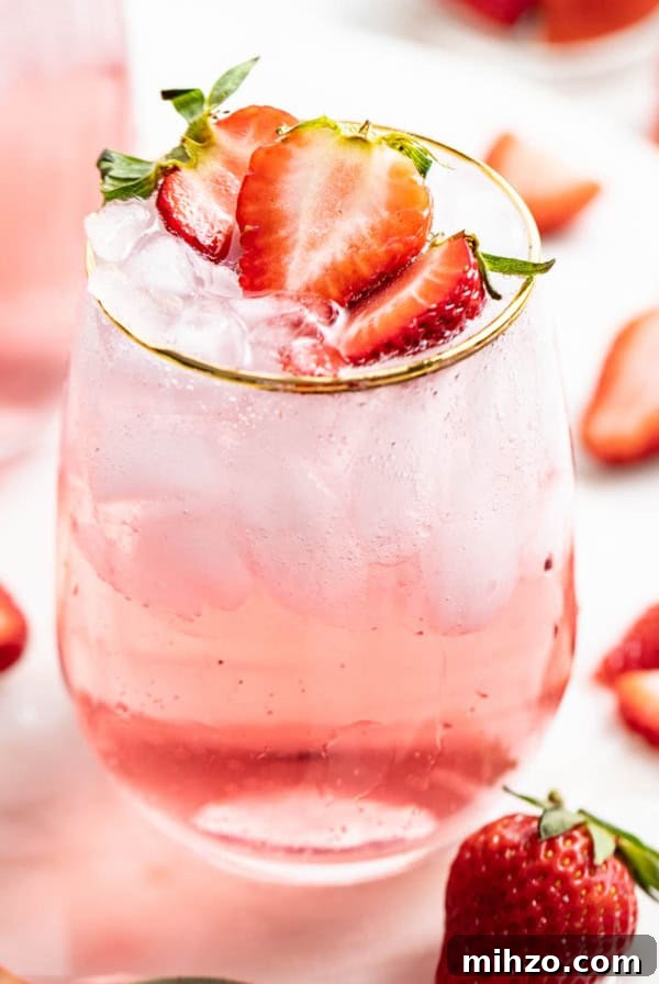 Refreshing Peach Mocktail Recipe for Summer Parties 10 A strawberry mocktail with ice and fresh strawberries.