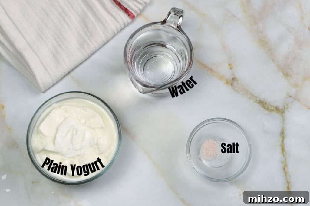Ayran: Refreshing Turkish Yogurt Drink Recipe and Guide 3 Ayran ingredients on a white marble table.
