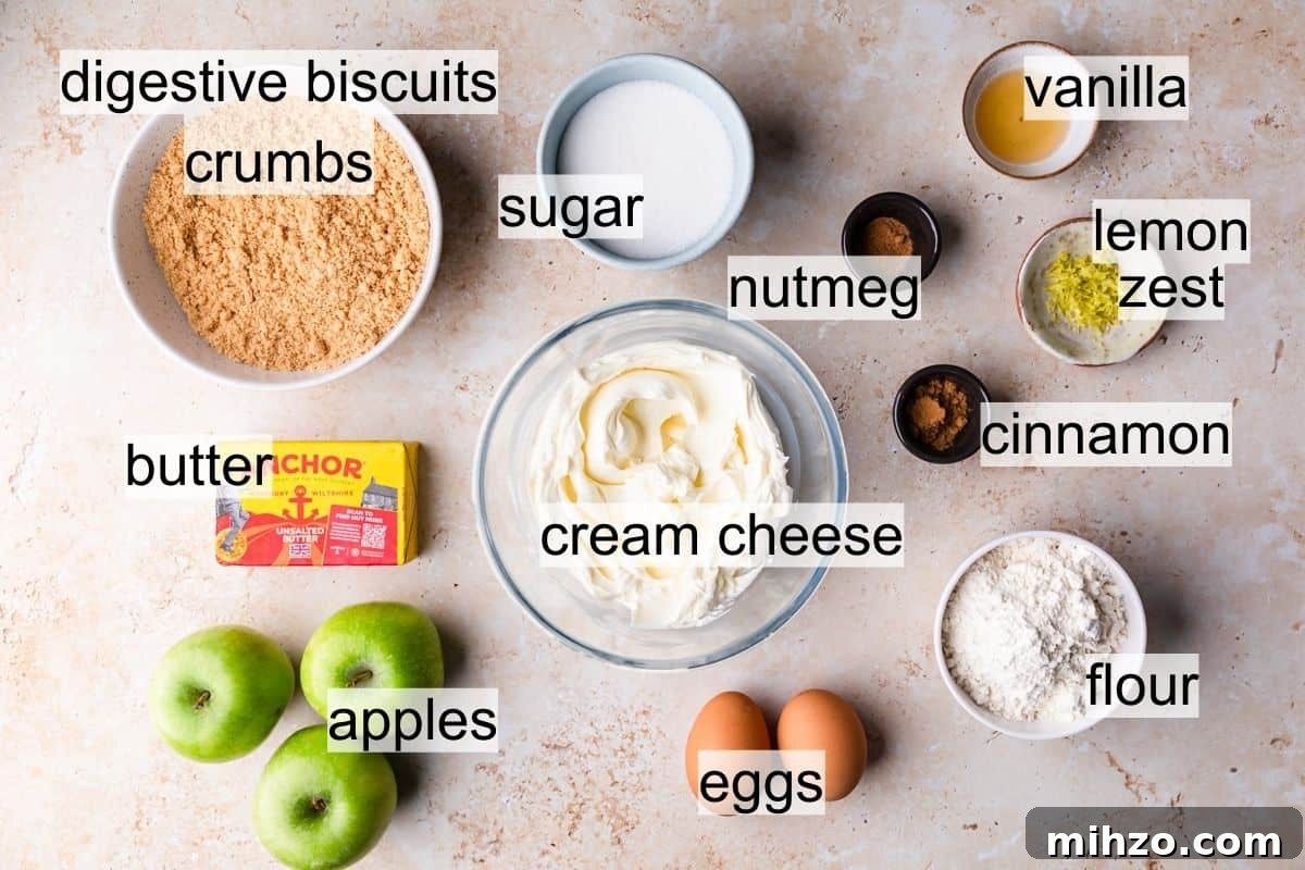 bowls with ingredients for caramel apple cheesecake bars with text overlay.
