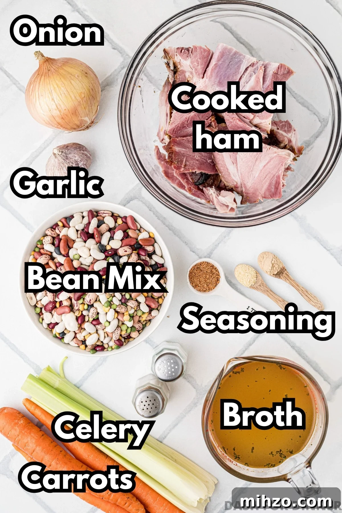 The ingredients needed to make bean soup, including leftover ham, broth, seasonings, and aromatic vegetables.