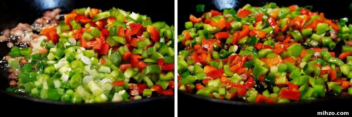Authentic Cajun Maque Choux Recipe with Sweet Corn and Bacon 6 cooking peppers and onion with bacon