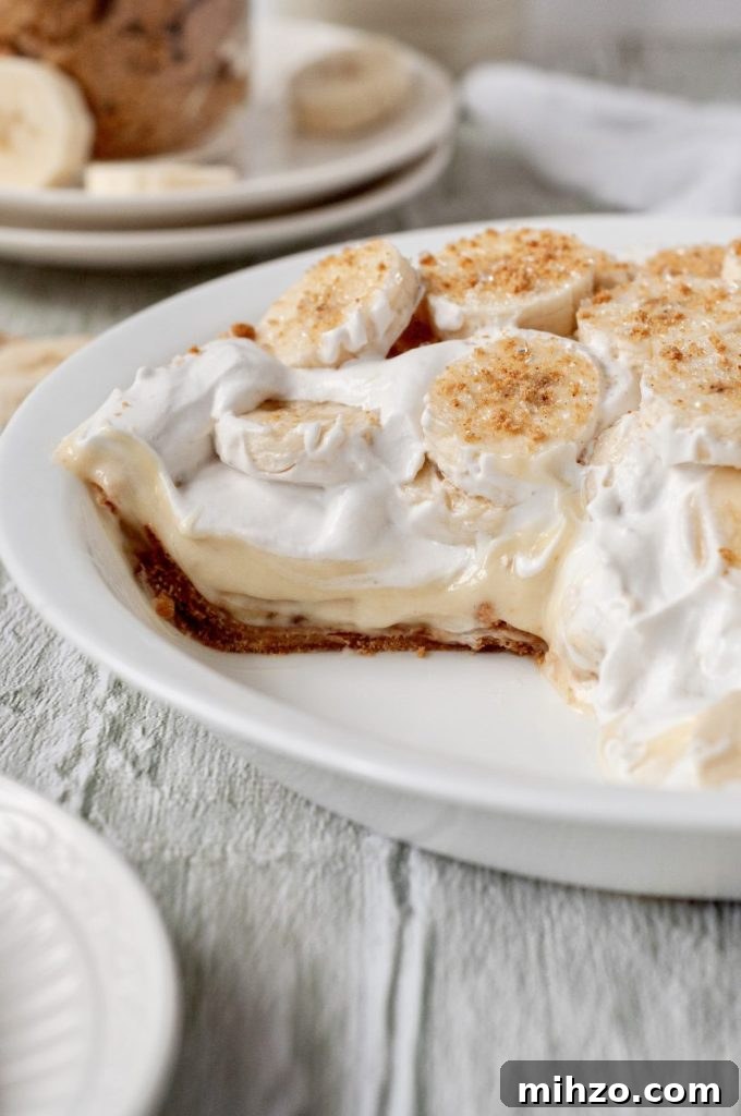 A vegan banana cream pie topped with bright white fluffy whipped topping and banana slices.
