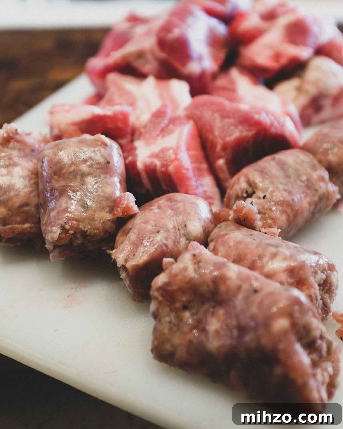 Cavatelli with Pork Ragù | cookeatworld.com Pork sausage and pieces on a cutting board