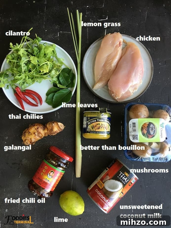 Instant Pot Tom Kha Gai: Creamy Thai Coconut Chicken Soup Recipe 3 soup ingredients on black surface
