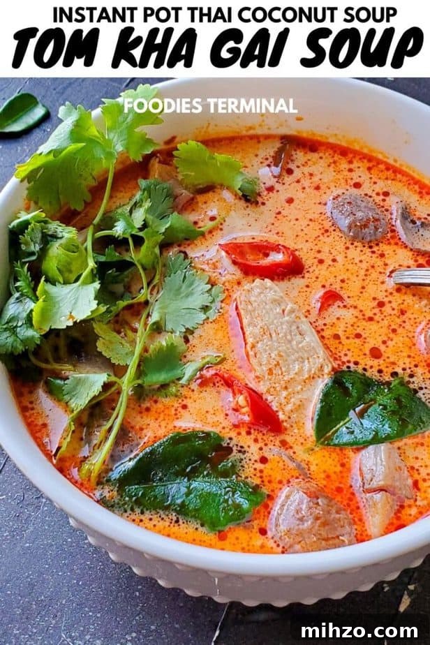 Instant Pot Tom Kha Gai: Creamy Thai Coconut Chicken Soup Recipe 4 tom kha gai soup or thai coconut chicken soup in a white bowl garnished with Thai chilies & cilantro