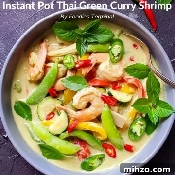 Instant Pot Tom Kha Gai: Creamy Thai Coconut Chicken Soup Recipe 9 Thai green curry shrimp garnished with thai basil & chilies in a grey bowl