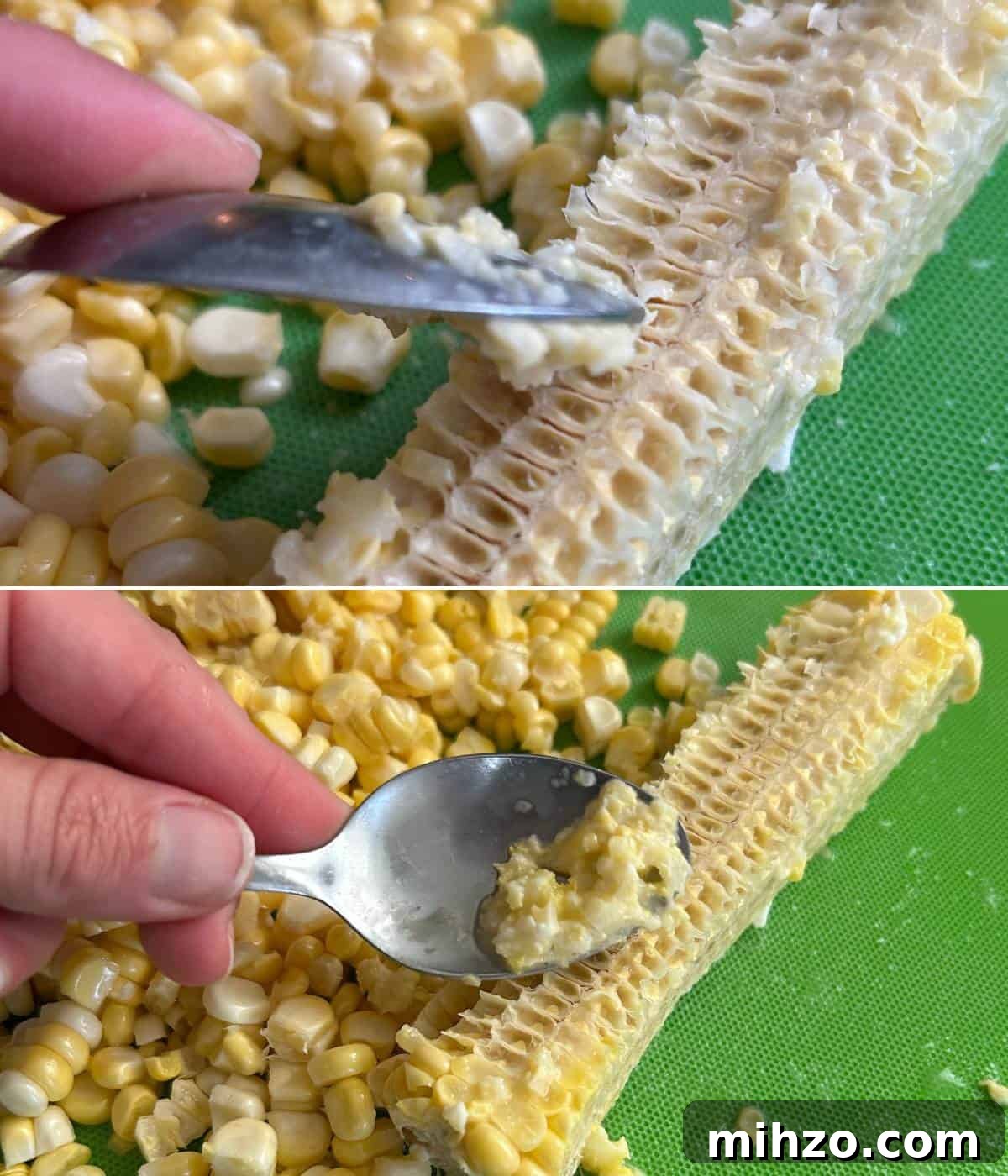Creamed Corn with Jalapeño: Spicy Southwestern Side Dish 4 Removing corn milk from cob.