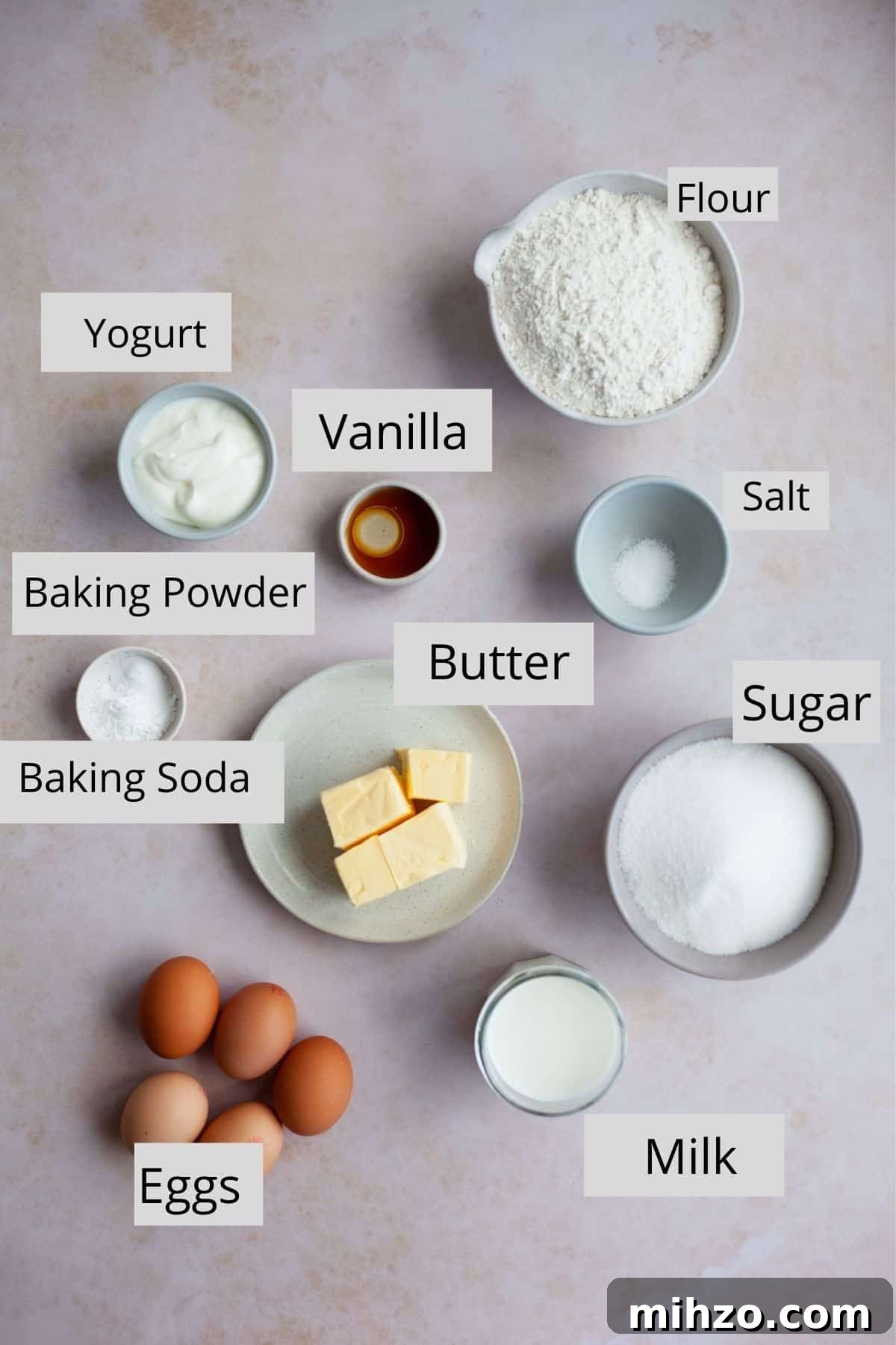 overhead shot of ingredients for a white cake
