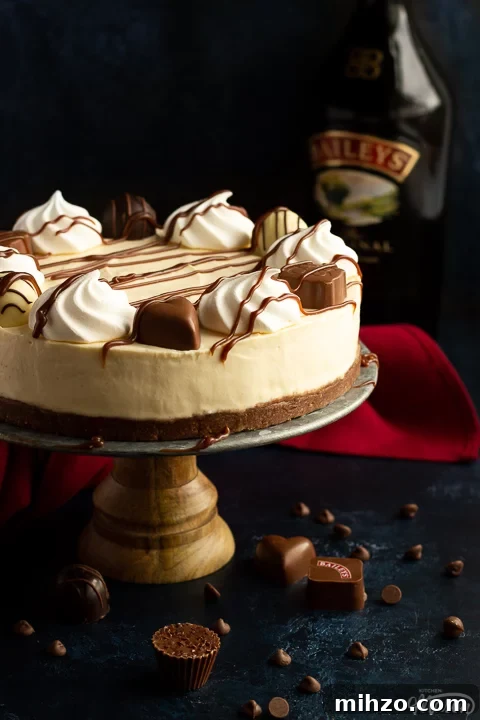 No-Bake Baileys Cheesecake Recipe: Creamy Irish Cream Dessert 7 Baileys cheesecake on a cake stand with Baileys bottle and chocolates