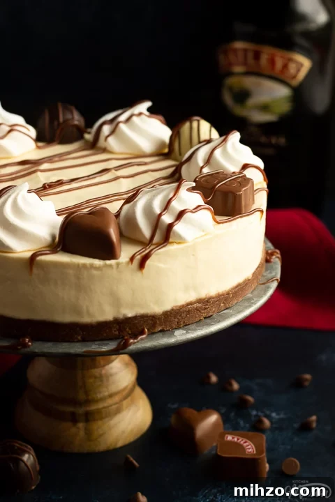 No-Bake Baileys Cheesecake Recipe: Creamy Irish Cream Dessert 11 Baileys cheesecake on a cake stand with chocolates scattered around