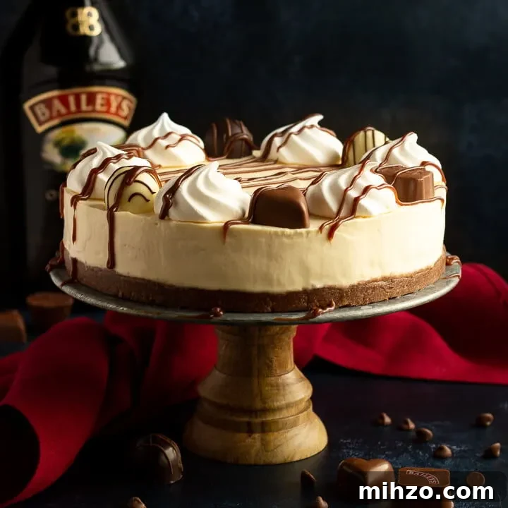 A no bake Baileys cheesecake on a cake stand set over a deep blue background with a red linen napkin.
