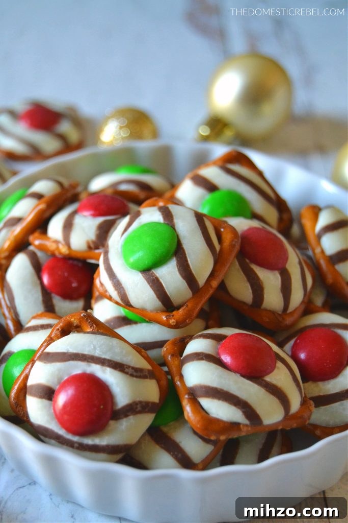 Chocolate Pretzel Hugs Recipe for Christmas Treats 6 Christmas pretzel hugs in a white bowl