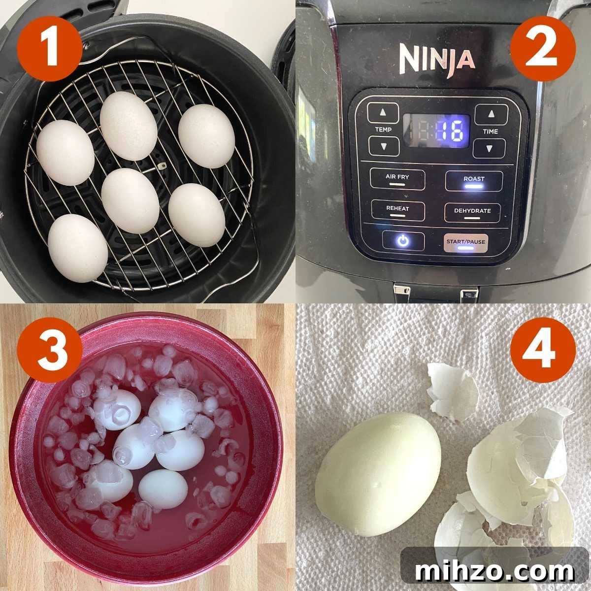 4 picture collage of directions to cook egg in an air fryer. 1)Uncooked eggs in basket, 2) Front of Ninja air fryer set to 16 minutes, 3) Cooked eggs in ice bath, 4) peeled egg with shell next to it.