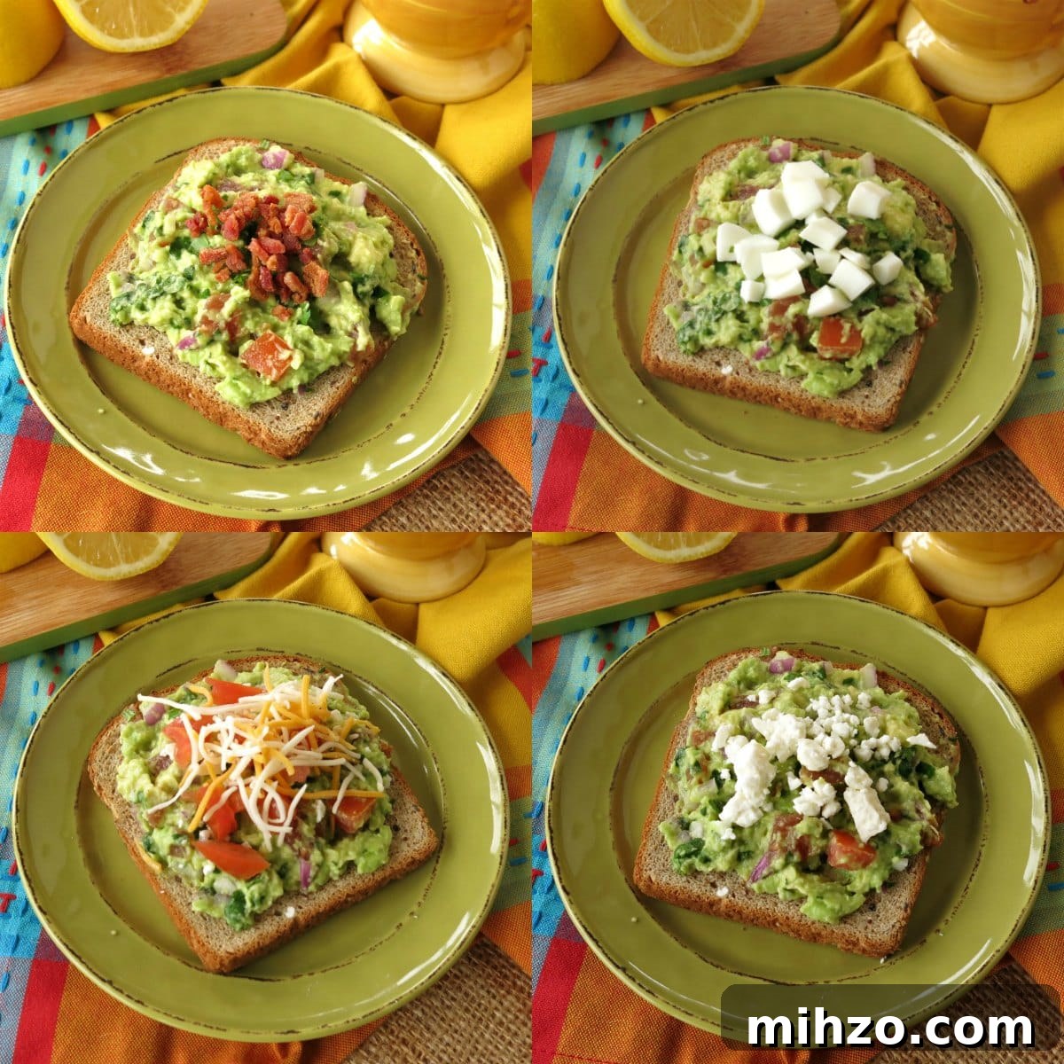 4 slices of breakfast gucamole toast with different toppings: bacon, egg, cheeses